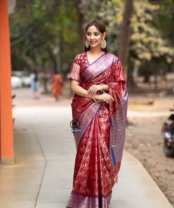 কাশ্মীরি কাঞ্জিভরম ব্লাউজ পিসসহ সিলভার-মেরুন