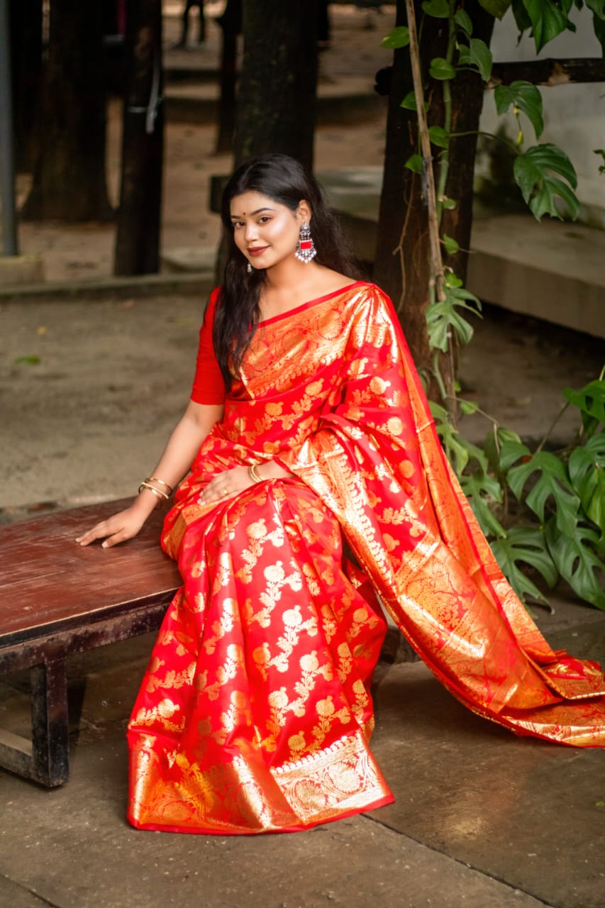 বিয়ের বেনারসি ব্লাউজ পিসসহ - লাল - Image 2