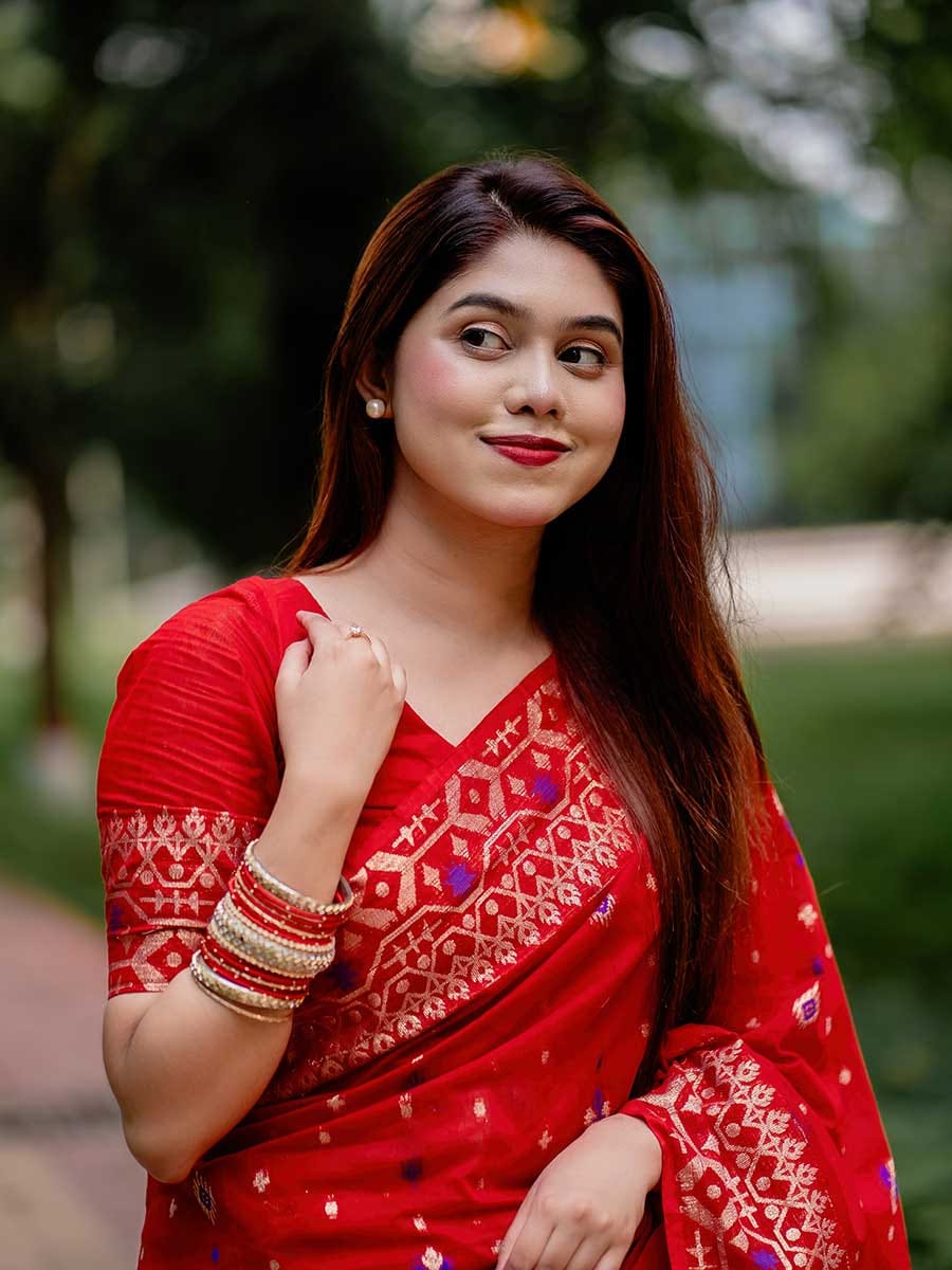 নিউ টেনসিল জরি জামদানি লাল+গোল্ডেন - Image 2