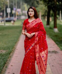 নিউ টেনসিল জরি জামদানি লাল+গোল্ডেন