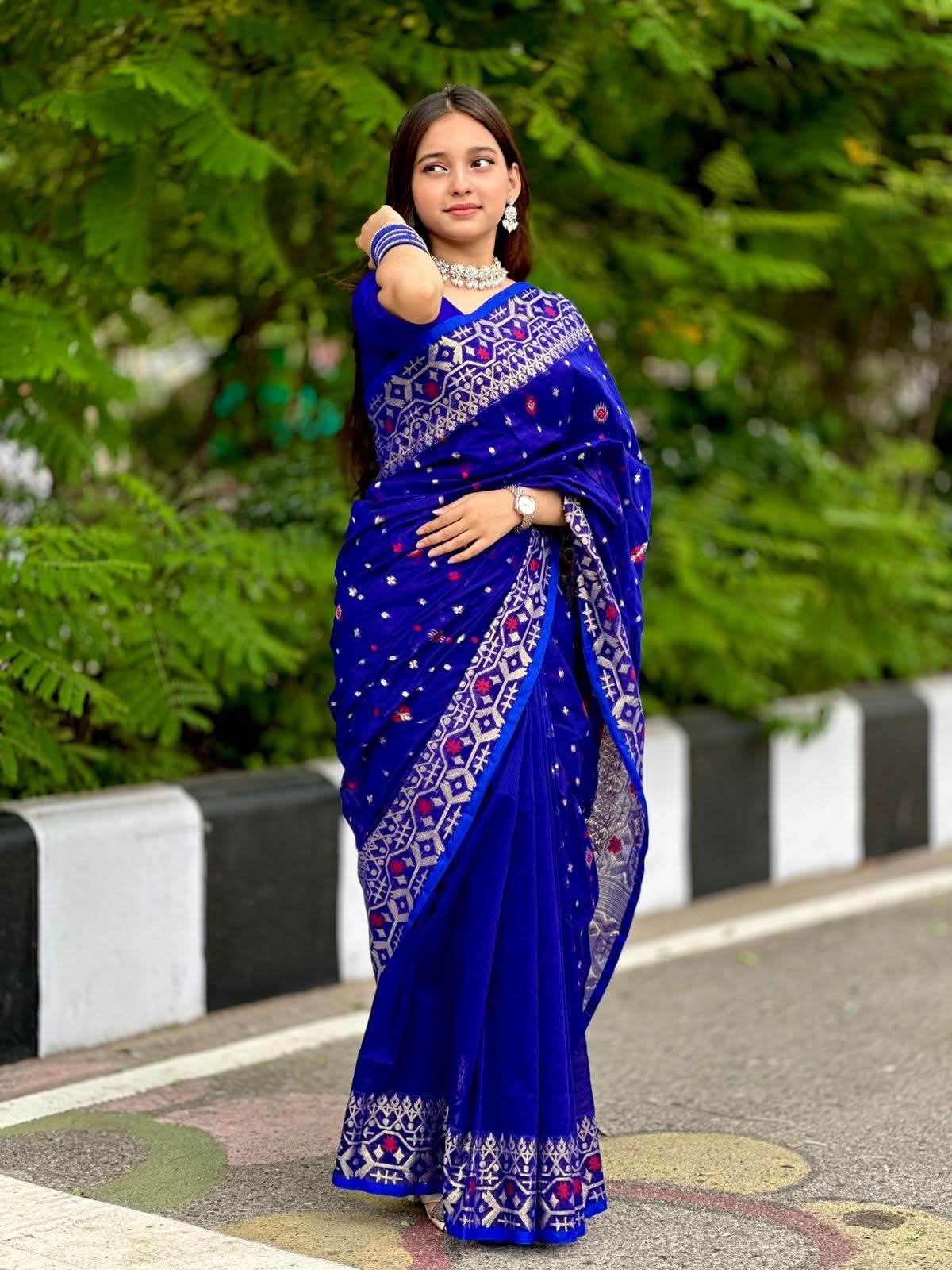 নিউ টেনসিল জরি জামদানি রয়্যাল ব্লু+সিলভার