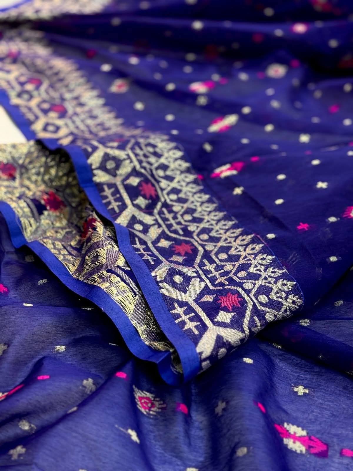 নিউ টেনসিল জরি জামদানি রয়্যাল ব্লু+সিলভার - Image 2