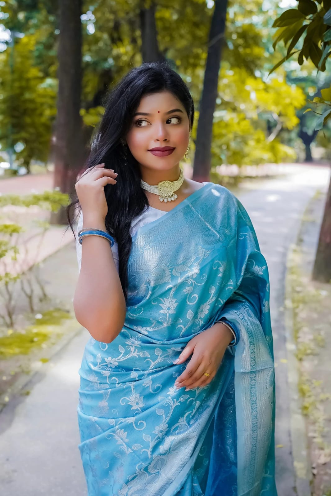 কাশ্মীরি লতা কাতান শুধু শাড়ি আকাশী - Image 2