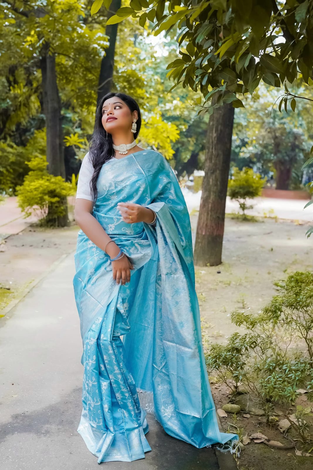 কাশ্মীরি লতা কাতান শুধু শাড়ি আকাশী - Image 3