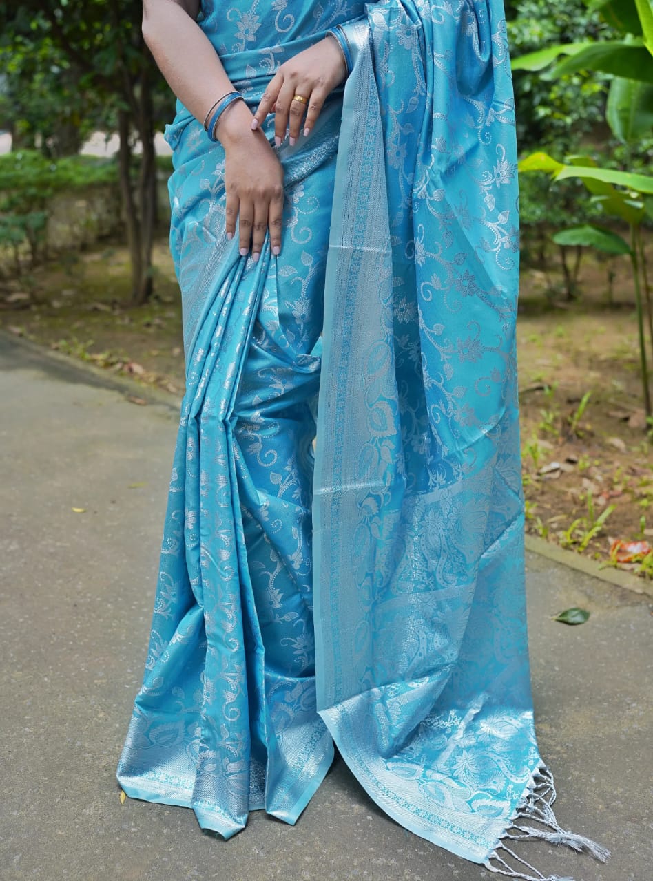 কাশ্মীরি লতা কাতান শুধু শাড়ি আকাশী - Image 5