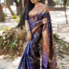 জড়ি লতা কাতান ব্লাউজ পিসসহ ব্লু গোল্ডেন