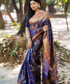 জড়ি লতা কাতান ব্লাউজ পিসসহ ব্লু গোল্ডেন