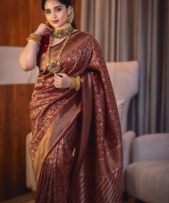 কাঞ্জিভরম ব্লাউজ পিস সহ ভাইরাল শাড়ি মেরুন+গোল্ডেন