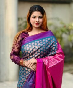 কাঞ্জিভরম ব্লাউজ পিসসহ  পেস্ট+গোলাপি কন্টাস্ট