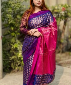 কাঞ্জিভরম রানিং ব্লাউজ পিসসহ  ব্লু+গোলাপি