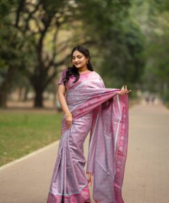 কাঞ্জিভরম ব্লাউজ পিস সহ আকাশি+গোলাপি কন্টাস্ট